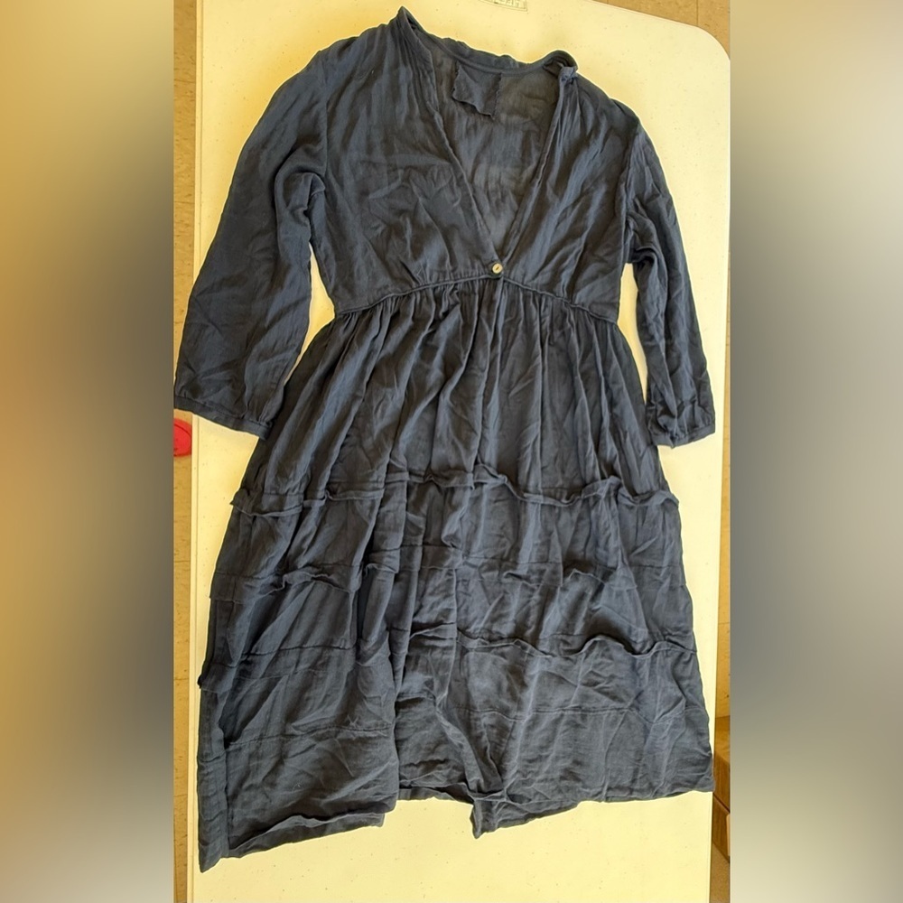 Loup Charmant Scallop Organic Cotton Navy Blue Tiered V-neck Midi Dress - Picture 4 of 11